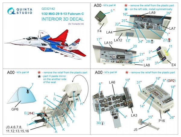 Quinta Studio QD32142 MiG-29 9-13 Fulcrum C 3D-Printed &amp; coloured Interior on decal paper (Trumpeter) 1/32