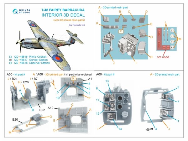 Quinta Studio QD+48617 Fairey Barracuda Gunner Station 3D-Printed &amp; coloured Interior on decal paper (Trumpeter) (with 3D-printed resin parts) 1/48