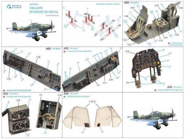 Quinta Studio QD35054 Ju 87G 3D-Printed &amp; coloured Interior on decal paper ( Border Model ) 1/35