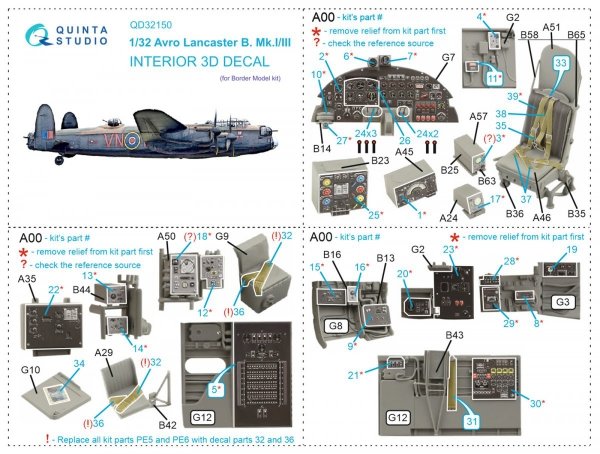 Quinta Studio QD32150 Avro Lancaster B. Mk.I/III 3D-Printed &amp; coloured Interior on decal paper (Border Model) 1/32