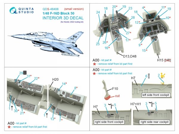 Quinta Studio QDS-48408 F-16D block 50 3D-Printed &amp; coloured Interior on decal paper (Kinetic 2022 tool) (small) 1/48