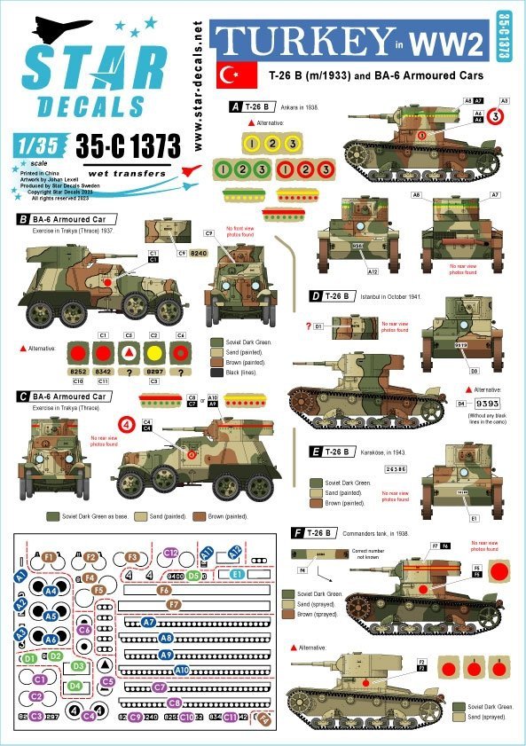 Star Decals 35-C1373 Turkey in WW2 T-26 B tanks and BA-6 armoured cars 1/35