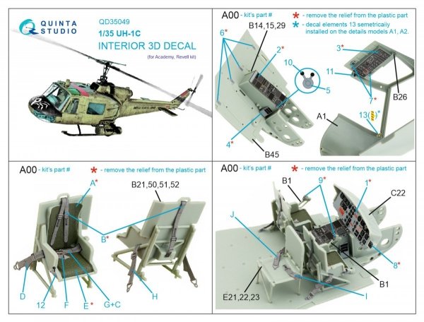 Quinta Studio QD35049 UH-1C 3D-Printed &amp; coloured Interior on decal paper ( Academy ) 1/35