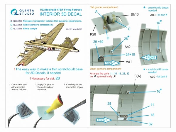 Quinta Studio QD32236 Boeing B-17E/F Navigator, bombardier, waist and tail gunners compartments. 3D-Printed coloured Interior (HK models) 1/32