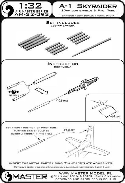 Master AM-32-093 A-1 Skyraider - 20mm cannon barrels and Pitot Tube 1:32