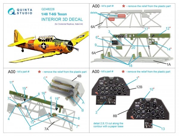 Quinta Studio QD48228 T-6G 3D-Printed &amp; coloured Interior on decal paper (Italeri) 1/48