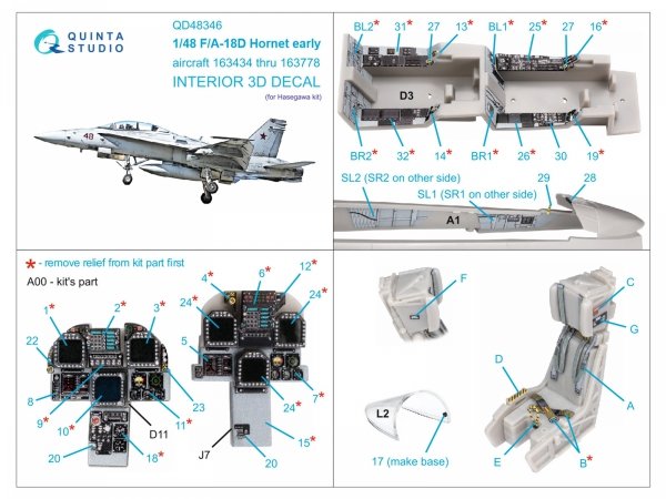 Quinta Studio QD48346 FA-18D early 3D-Printed &amp; coloured Interior on decal paper (Hasegawa) 1/48