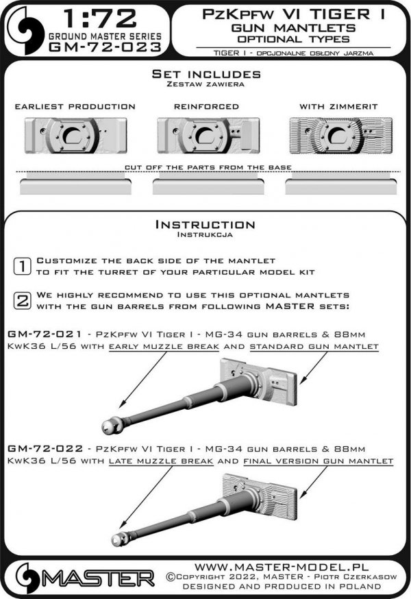 Master GM-72-023 PzKpfw VI Tiger I - gun mantlets - 3 optional types - to be used with gun barrels from sets GM-72-021 and GM-72-022 1/72
