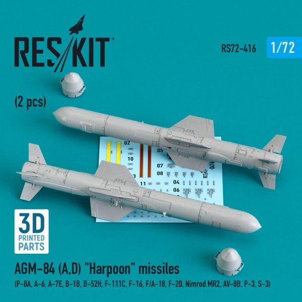 RESKIT RS72-0416 AGM-84 (A,D) &quot;HARPOON&quot; MISSILES (2 PCS) (3D PRINTED) 1/72