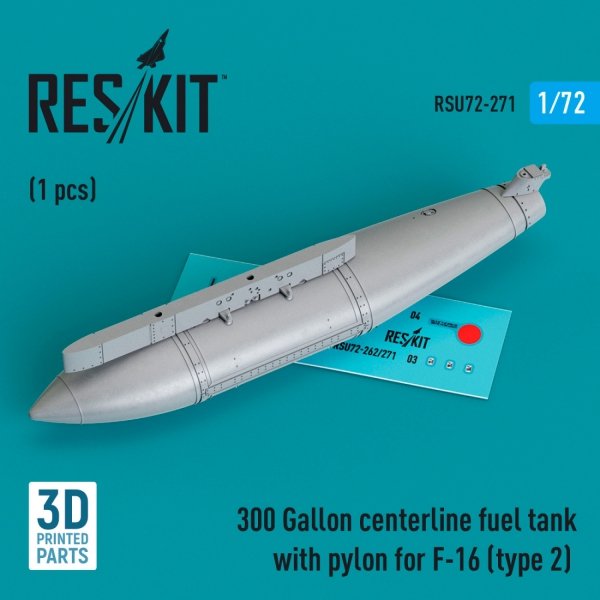 RESKIT RSU72-0271 300 Gallon centerline fuel tank with pylon for F-16 (type 2) (1 pcs) (3D Printed) 1/72