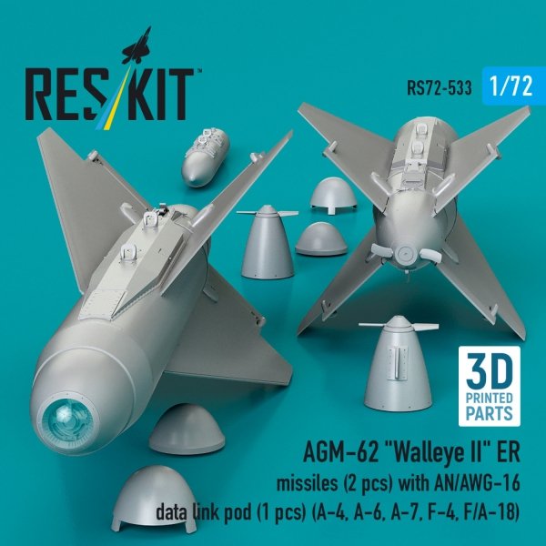 RESKIT RS72-0533 AGM-62 "Walleye II" ER missiles (2 pcs) with AN/AWG-16 data link pod (1 pcs) (A-4, A-6, A-7, F-4, F/A-18) (3D Printed) (1/72)