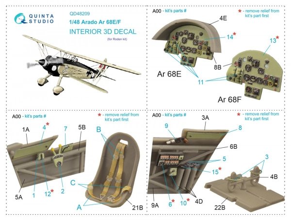Quinta Studio QD48209 Arado Ar 68 E/F 3D-Printed &amp; coloured Interior on decal paper (Roden) 1/48