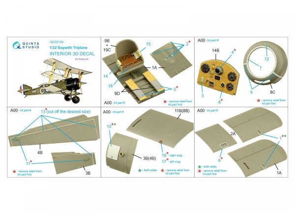 Quinta Studio QD32149 Sopwith Triplane 3D-Printed &amp; coloured Interior on decal paper (Roden) 1/32