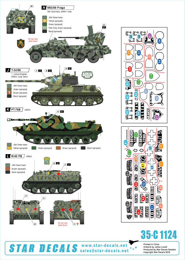 Star Decals 35-C1124 ARBiH (Muslim). T-34/85, M18 Hellcat, T-55/Hellcat, M-84, M-60PB, M53/59 Praga, PT-76B, M47 Patton 1/35