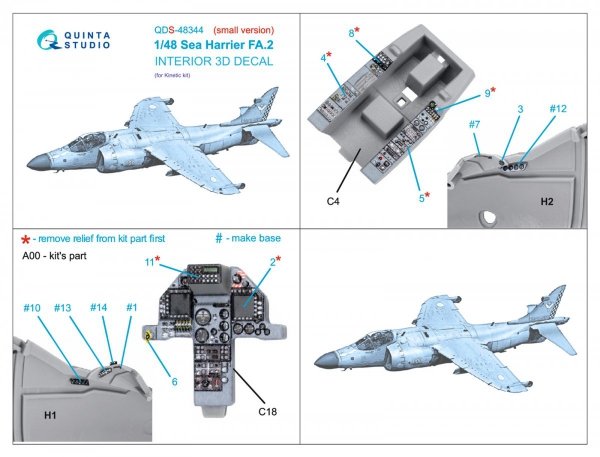 Quinta Studio QDS-48344 Sea Harrier FA.2 3D-Printed &amp; coloured Interior on decal paper (Kinetic) (Small version) 1/48