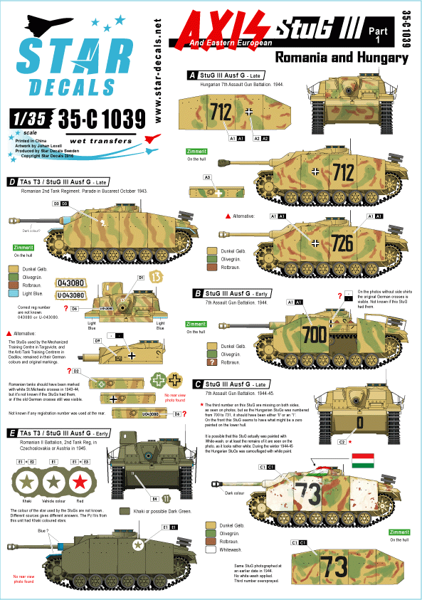 Star Decals 35-C1039 Axis/Eastern European StuG III (1) 1/35