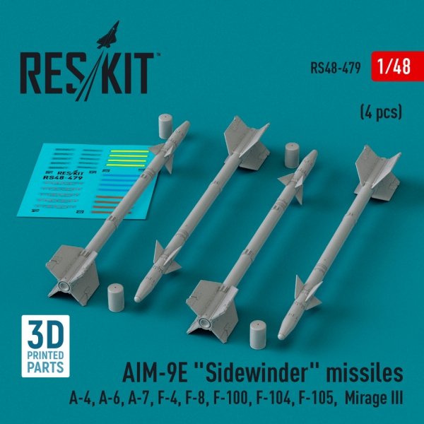 RESKIT RS48-0479 AIM-9E &quot;Sidewinder&quot; missiles (4 pcs) (3D Printed) 1/48