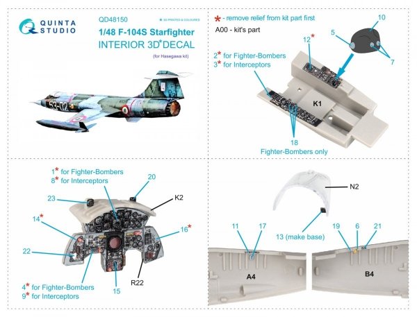 Quinta Studio QD48150 F-104S 3D-Printed &amp; coloured Interior on decal paper (Hasegawa) 1/48