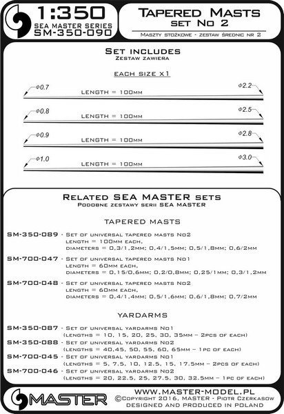 Master SM-350-090 Set of universal tapered masts No2 (length = 100mm each, diameters = 0,7/2,2mm; 0,8/2,5mm; 0,9/2,8mm; 1/3mm) 1:350