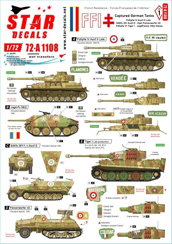 Star Decals 72-A1108 FFI # 1 Captured German tanks. French Resistance - Forces Françaises de l'Intérieur 1/72