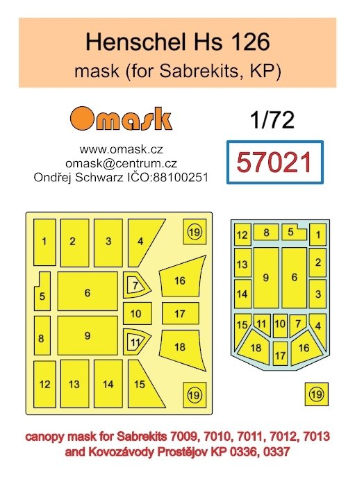 Omask 57021 Henschel Hs 126 mask (for Sabrekits, KP) 1/72