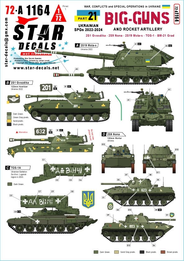 Star Decals 72-A1164 War in Ukraine 21 Ukrainian Big Guns and Rocket Artillery. 2S1 Gvostika, 2S9 Nona, 2S19 Msta-s, TOS-1 and BM-21 Grad 1/72