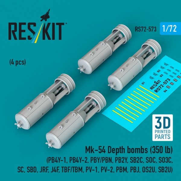 RESKIT RS72-0573 Mk-54 Depth bombs (350 lb) (4 pcs) (PB4Y-1, PB4Y-2, PBY/PBN, PB2Y, SB2C, SOC, SO3C, SC, SBD, JRF, J4F, TBF/TBM, PV-1, PV-2, PBM, PBJ, OS2U, SB2U) (3D Printed) (1/72)