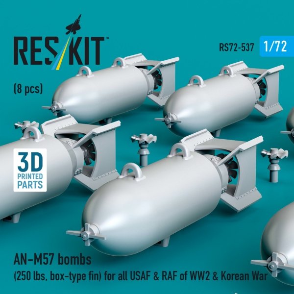 RESKIT RS72-0537 AN-M57 bombs (250 lbs, box-type fin) for all USAF &amp; RAF of WW2 &amp; Korean War (8 pcs) (3D Printed) 1/72