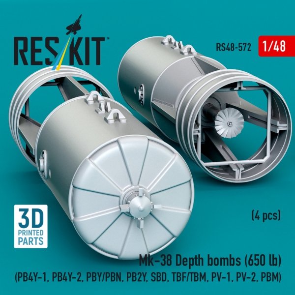 RESKIT RS48-0572 Mk-38 Depth bombs (650 lb) (4 pcs) (PB4Y-1, PB4Y-2, PBY/PBN, PB2Y, SBD, TBF/TBM, PV-1, PV-2, PBM) (3D Printed) (1/48)