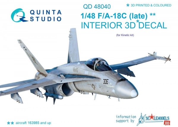 Quinta Studio QD48040 F/A-18С (late) 3D-Printed &amp; coloured Interior on decal paper (for Kinetic) 1/48