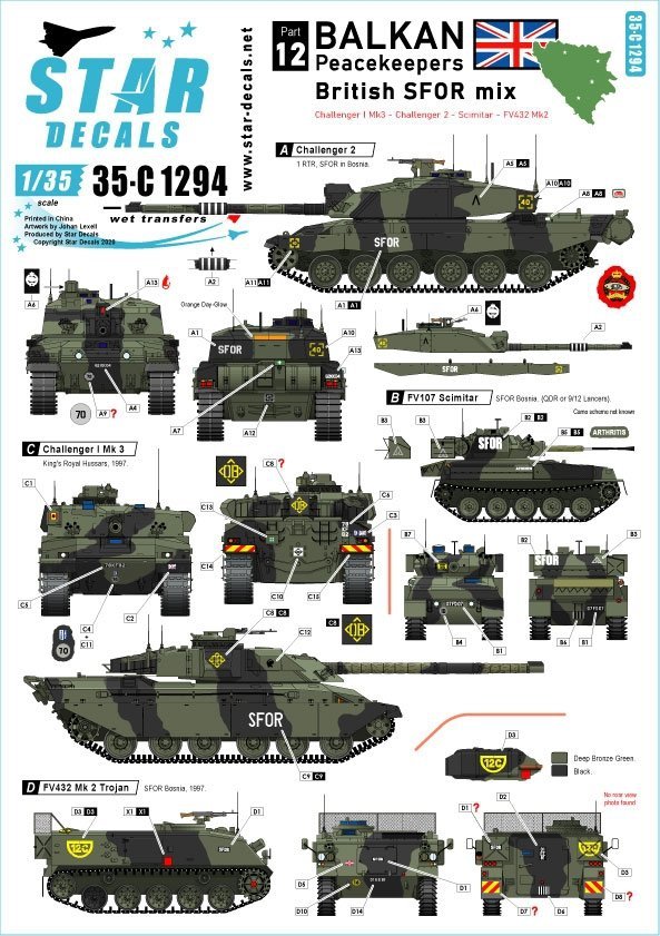 Star Decals 35-C1294 British SFOR mix. Bosnia. Challenger I Mk 3, Challenger 2, Scimitar CVR(T) and FV432 Mk 2 1/35