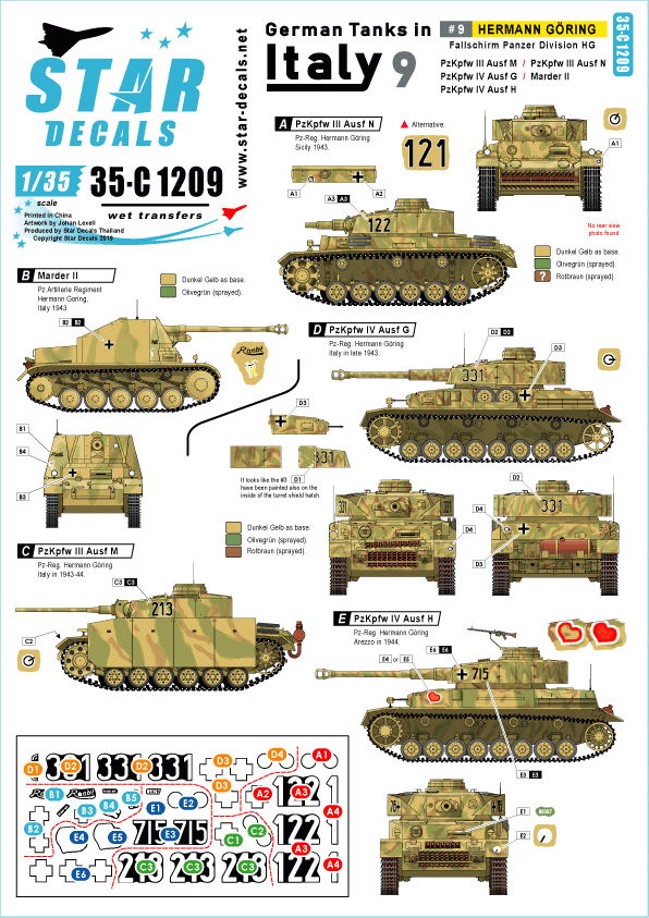 Star Decals 35-C1209 German tanks in Italy # 9. Hermann Göring 1/35