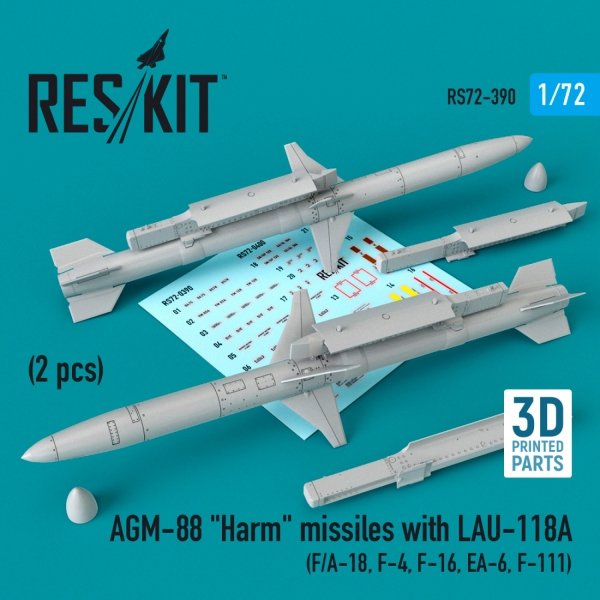 RESKIT RS72-0390 AGM-88 &quot;HARM&quot; MISSILES WITH LAU-118A (2 PCS) (F/A-18, F-4, F-16, EA-6, F-111) 1/72
