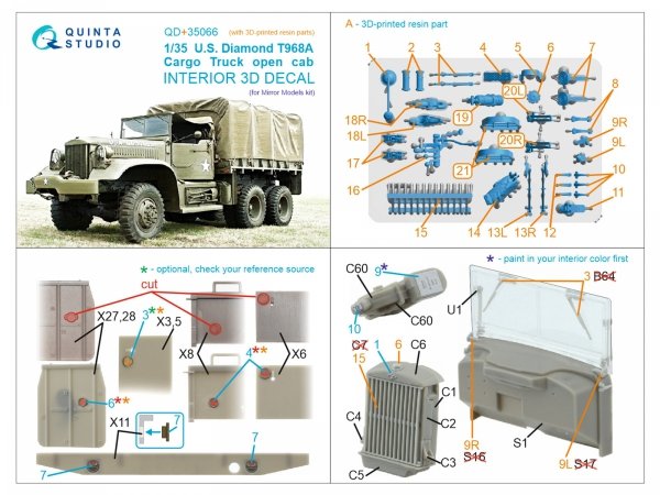 Quinta Studio QD+35066 U.S. Diamond T 968A Cargo truck (open cab) 3D-Printed &amp; coloured Interior on decal paper (Mirror Models) (with 3D-printed resin parts) 1/35