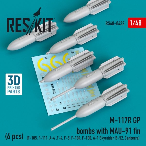 RESKIT RS48-0432 M-117R GP BOMBS WITH MAU-91 FIN (6 PCS) (3D PRINTED) 1/48