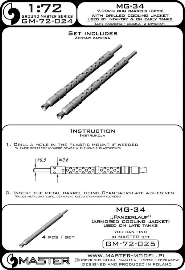 Master GM-72-024 MG-34 (7.92mm) - German machine gun barrels - version with drilled cooling jacket - used by infantry and on early tanks (2pcs) 1/72