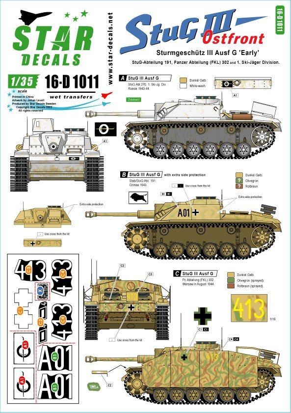 Star Decals 16-D1011 StuG III on Ostfront. Sturmgeschutz III Ausf G Early 1/16