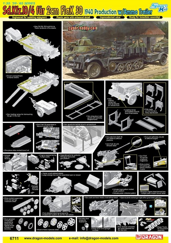 Dragon 6711 Sd.Kfz.10/4 fur 2cm FlaK 30, 1940 Production w/Ammo Trailer (1:35)