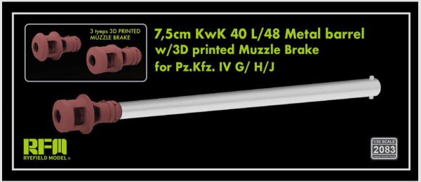 Rye Field Model 2083 7,5 cm KwK 40 L/48 Metal Barrel w/ 3D Printed Muzzle Brake for Pz.Kfz. IV G/H/J 1/35