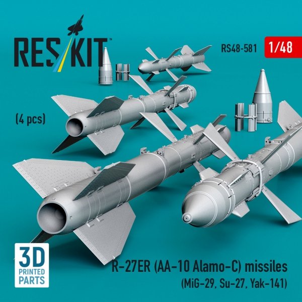 RESKIT RS48-0581 R-27ER (AA-10 Alamo-C) missiles (4 pcs) (MiG-29, Su-27, Yak-141) (3D Printed) (1/48)
