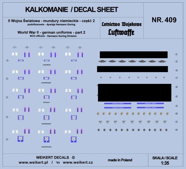 Weikert Decals DEC409 Mundury niemieckie - część 2 - luftwaffe - dywizja Hermann Goring 1/35