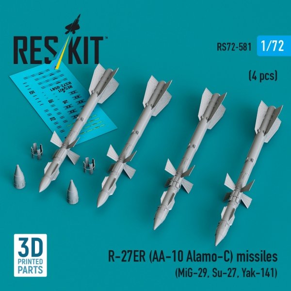 RESKIT RS72-0581 R-27ER (AA-10 Alamo-C) missiles (4 pcs) (MiG-29, Su-27, Yak-141) (3D Printed) (1/72)