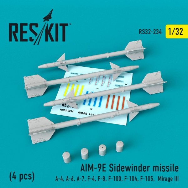 RESKIT RS32-0234 AIM-9E SIDEWINDER MISSILES (4 PCS) 1/32