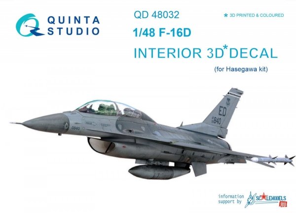 Quinta Studio QD48032 F-16D 3D-Printed &amp; coloured Interior on decal paper (for Hasegawa kit) 1/48