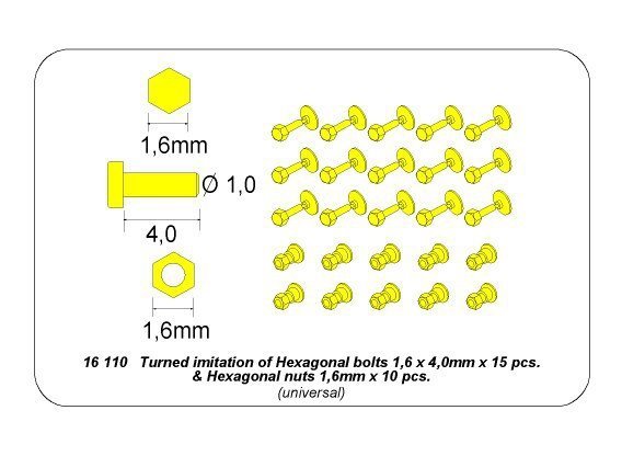 Aber 16110 Turned imitation of Hexagonal bolts &amp;amp;amp;amp;amp;amp; nuts 1,6 x 4,0 mm x 15 pcs. And 1,6mm nuts x 10 pcs. (1:16)