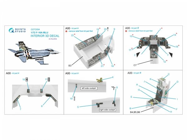 Quinta Studio QD72094 F-16A MLU 3D-Printed &amp; coloured Interior on decal paper (Revell) 1/72