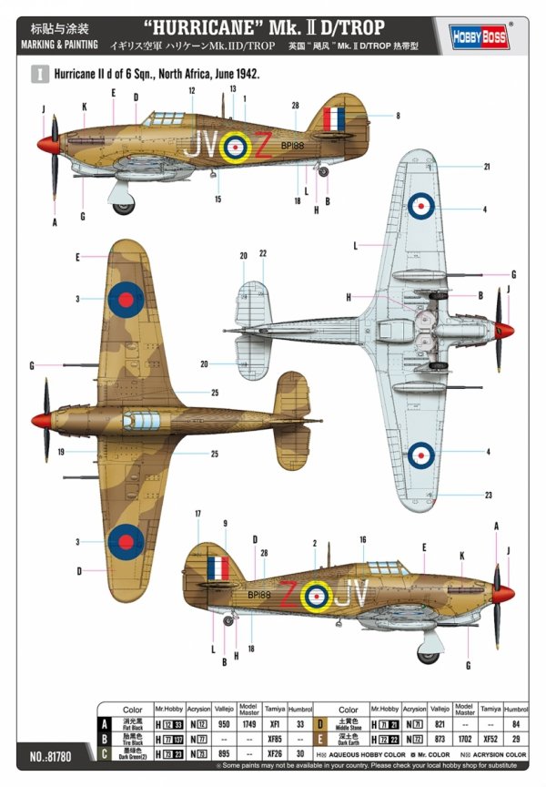 Hobby Boss 81780 HURRICANE Mk.ⅡD/TROP 1/48