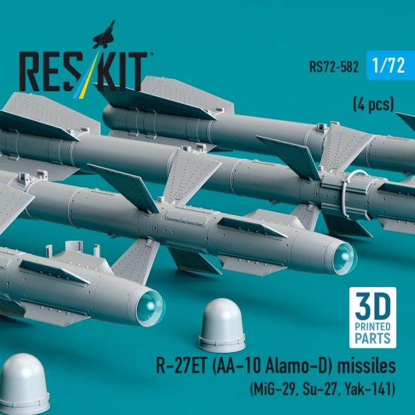 RESKIT RS72-0582 R-27ET (AA-10 Alamo-D) missiles (4 pcs) (MiG-29, Su-27, Yak-141) (3D Printed) (1/72)