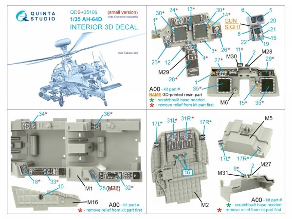 Quinta Studio QDS+35106 AH-64D 3D-Printed &amp; coloured Interior on decal paper (Takom) (Small version) (with 3D-printed resin parts) 1/35