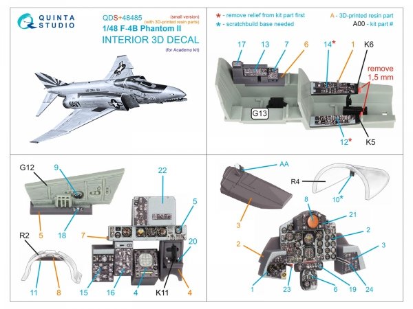 Quinta Studio QDS+48485 F-4B Phantom II 3D-Printed &amp; coloured Interior on decal paper (Academy) (Small version) (with 3D-printed resin parts) 1/48
